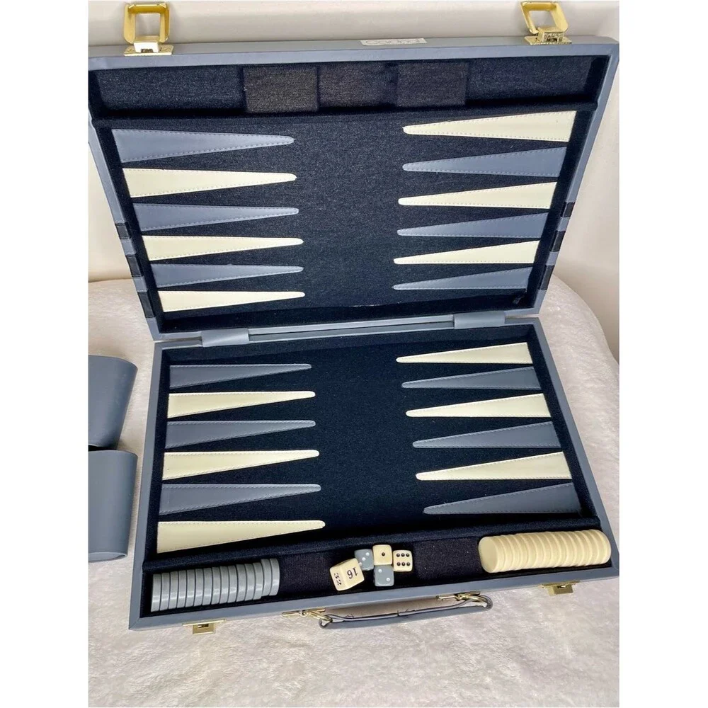 Cardinal Backgammon Game Vintage Faux Leather Travel Case Complete Gray Ivory